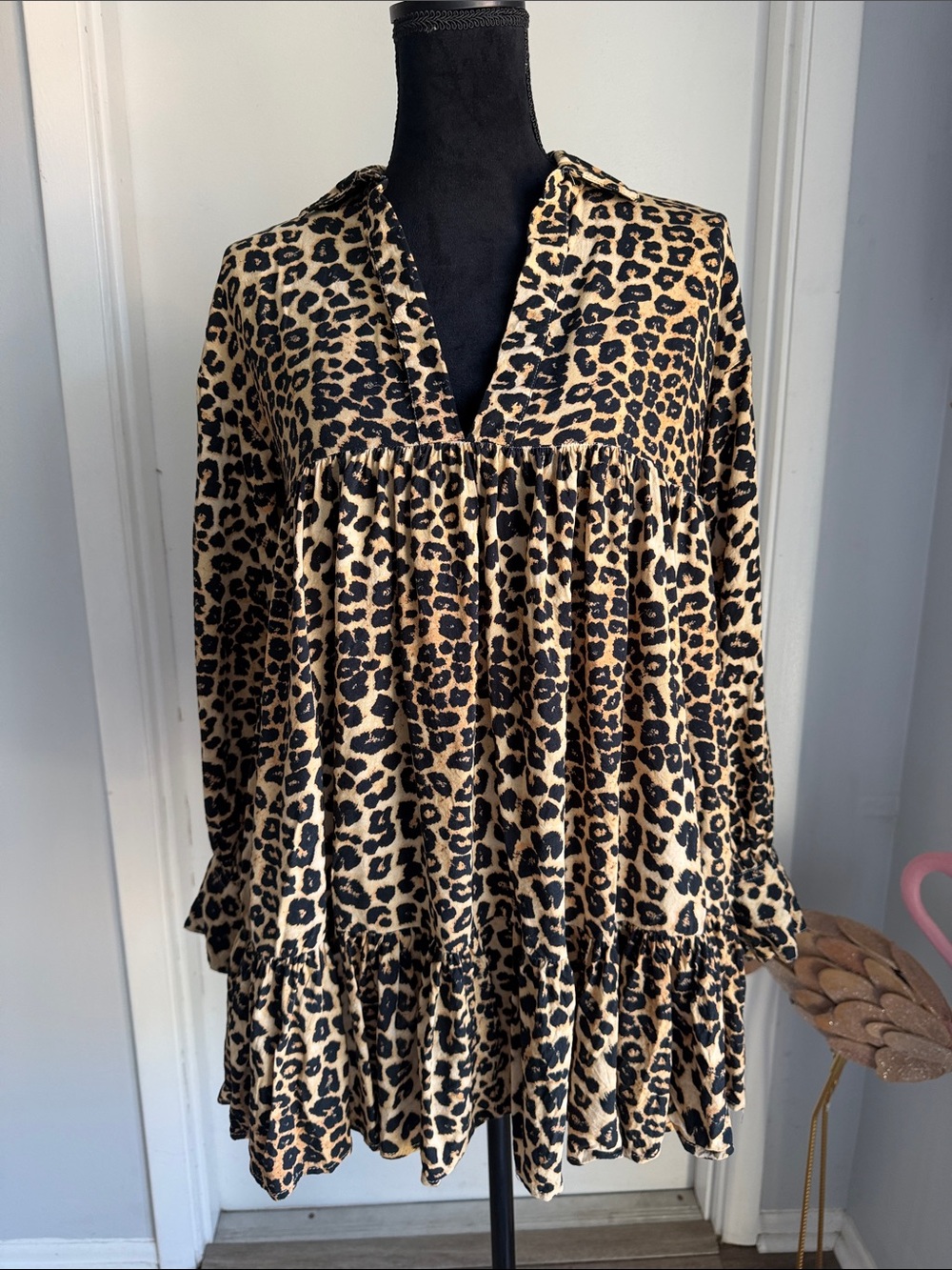 Leopard Print Tiered Tunic Mini dress - Black & Tan